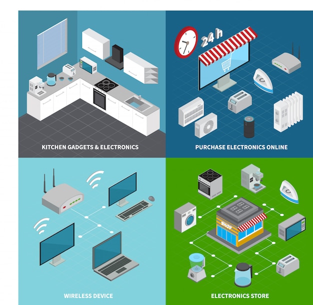 Free Vector consumer electronics 2x2 concept set of kitchen gadgets wireless devices and online purchase square compositions isometric