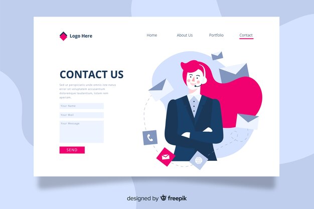 Contact us landing page with operator surrounded by mails