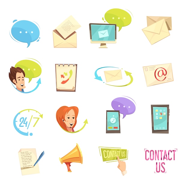 Free Vector contact us retro cartoon icons set