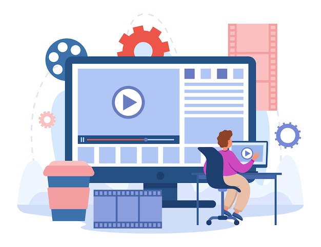 Free Vector content creator editing video footage in studio. editor publishing viral video on social media, multimedia production flat vector illustration. motion design concept for banner or landing web page