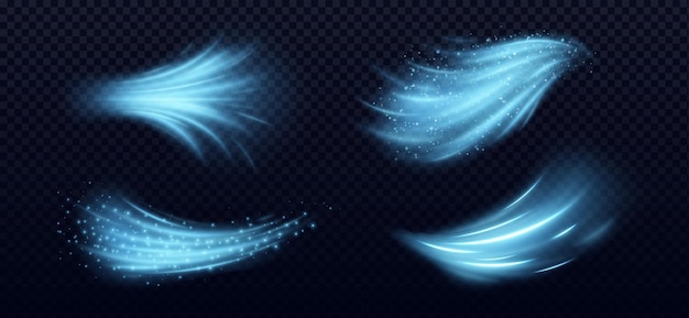 Free Vector cool air flow effects set isolated on transparent background vector realistic illustration of blue light waves with shimmering particles cold wind fresh breeze whirlwind magic power trail