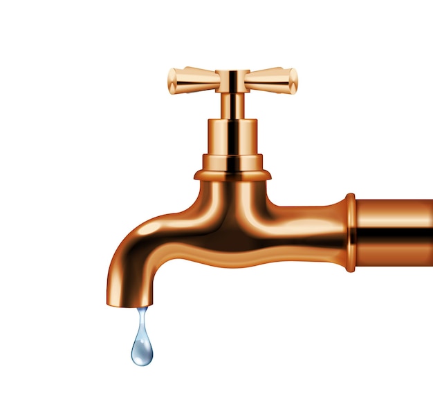 Free Vector copper water faucet with dripping water realistic isolated object in retro style isolated