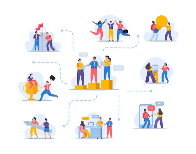 Free vector corporate culture composition with flowchart of images with doodle human characters of coworkers and conceptual icons vector illustration