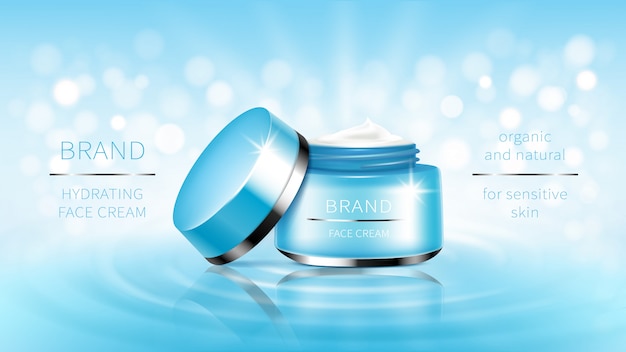 Free Vector cosmetic banner blue open jar for skin care cream, ready for promotion brand. 