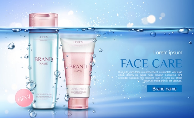 Cosmetic micellar water and scrub bottles, beauty cosmetics products line for face care 