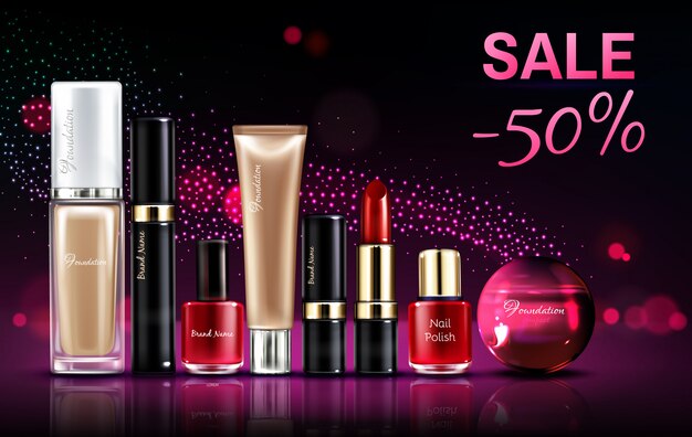 Cosmetics beauty products for makeup sale banner with glowing neon background and pink sparkles