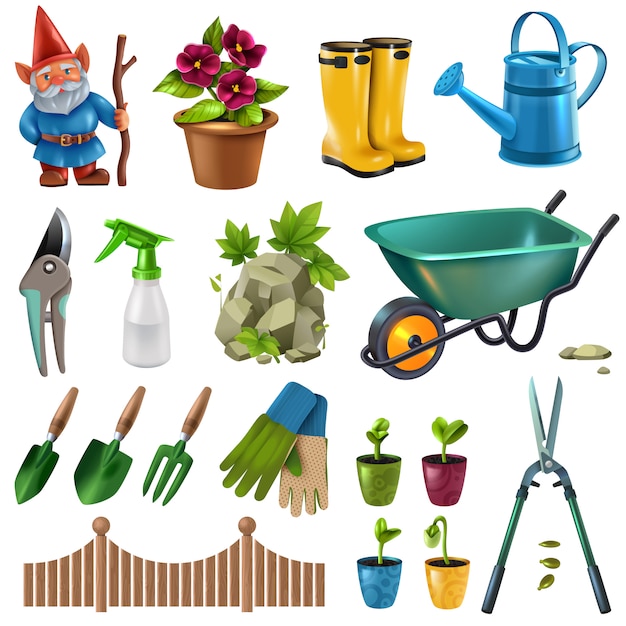 Free vector country cottage garden accessories design elements set with hedge trimming shears flowers plants seedlings wheelbarrow