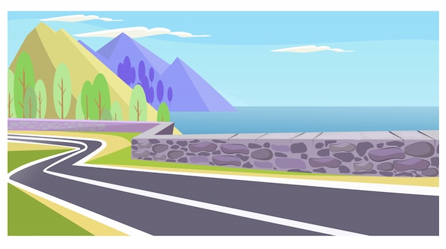 Free vector country road at sea and mountains illustration