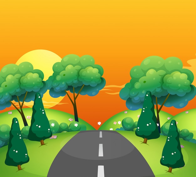 Free vector countryside scene with road at sunset