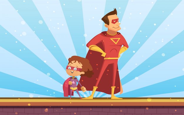 Couple of adult and child cartoon superheroes in red  cloaks standing proudly at sunlight background