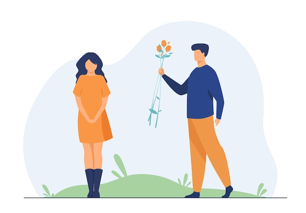 Free Vector couple dating outdoors. guy giving flowers to girlfriend. cartoon illustration