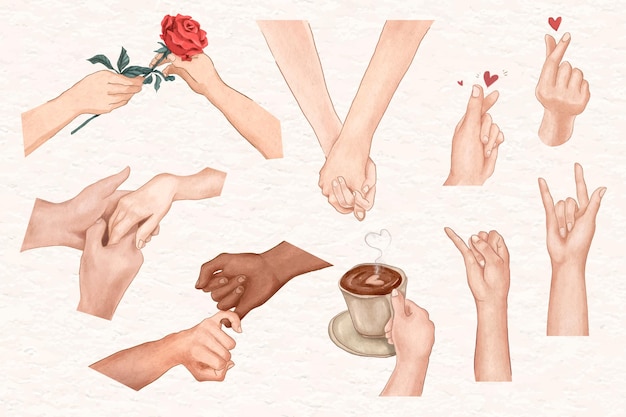 Free Vector couple hand gestures valentine&amp;rsquo;s vector aesthetic design elements set