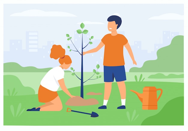 Free Vector couple of kids gardening outdoors