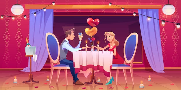 Free Vector couple romantic dinner in restaurant, man and woman in love sitting at served table with burning candles drinking champagne