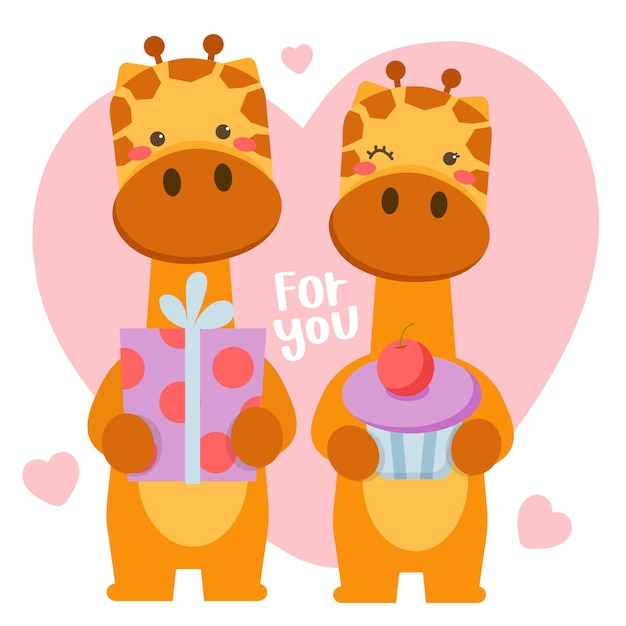 Free vector couple of romantic giraffes celebrating saint valentine with big gift box