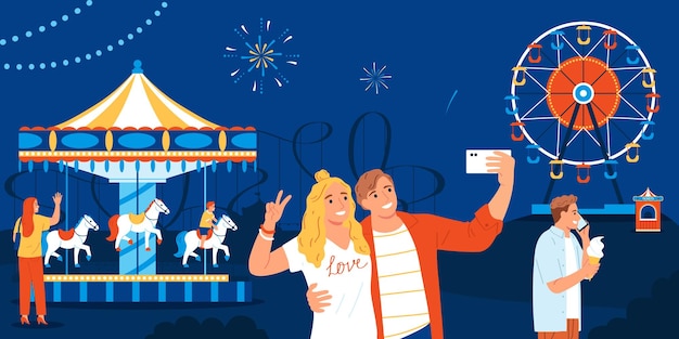 Free Vector couple taking selfie in amusement park at night in background with ferris wheel and carousel flat vector illustration