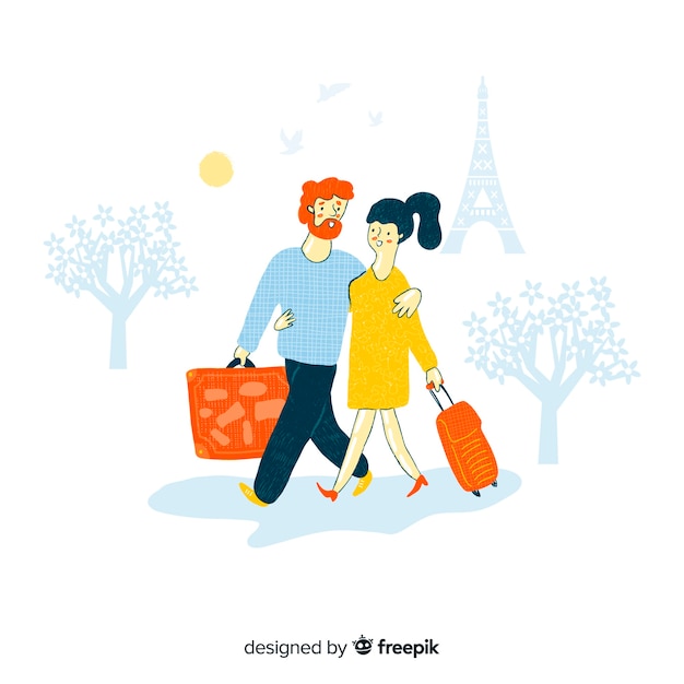 Free Vector couple traveling hand drawn design