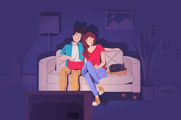 Free Vector couple watching tv in the night