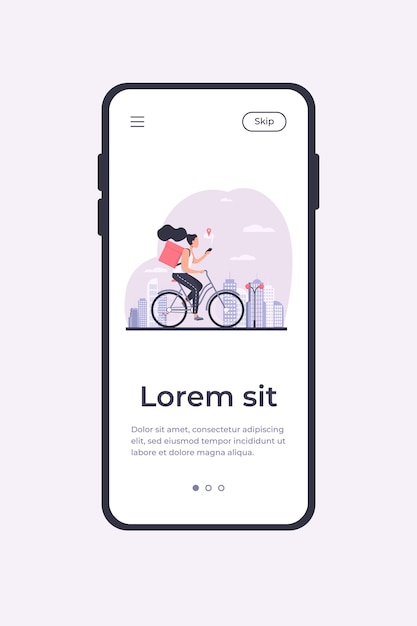 Courier riding bike and checking address on phone. Woman delivering order, using cell with map flat vector illustration. Delivery service concept for banner, website design or landing web page