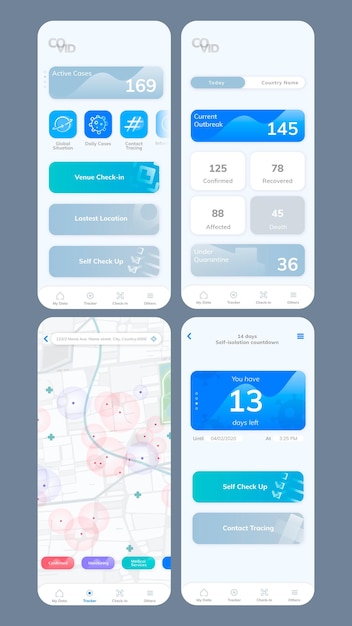 Векторный мобильный экран макета приложения пользовательского интерфейса COVID-19