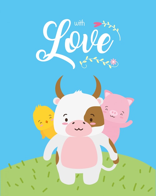 Cow, chick and piggy cute animals with Love word, flat style