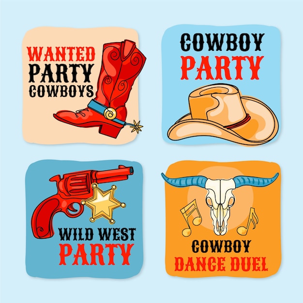 Free Vector cowboy party event badges collection