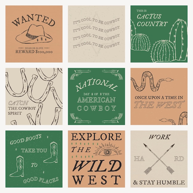 Free Vector cowboy themed social media template vector with editable text collection