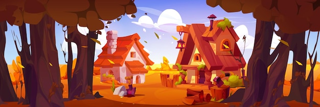 Free Vector cozy village houses in autumn forest