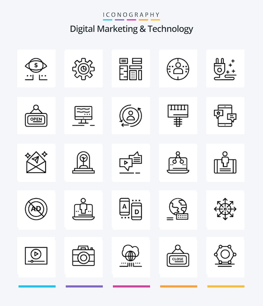 Free vector creative digital marketing and technology 25 outline icon pack such as cable marketing advertising profile premium