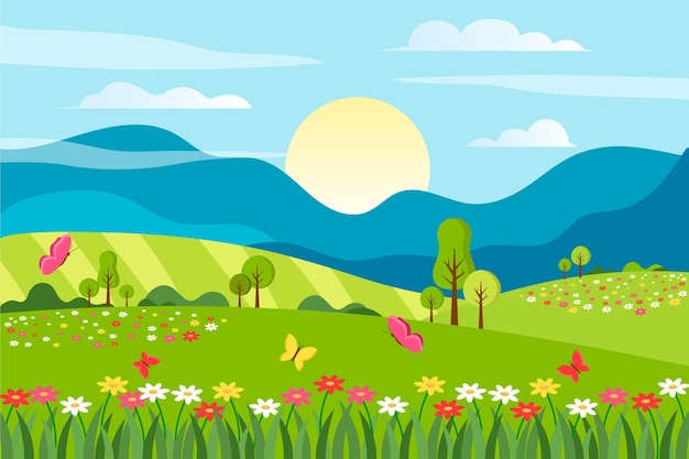 Free Vector creative flat design spring landscape with blue sky