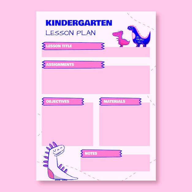 Creative hand drawn dinosaur kindergarten kids lesson plan template