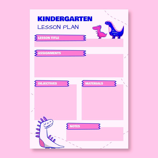 Creative hand drawn dinosaur kindergarten kids lesson plan template