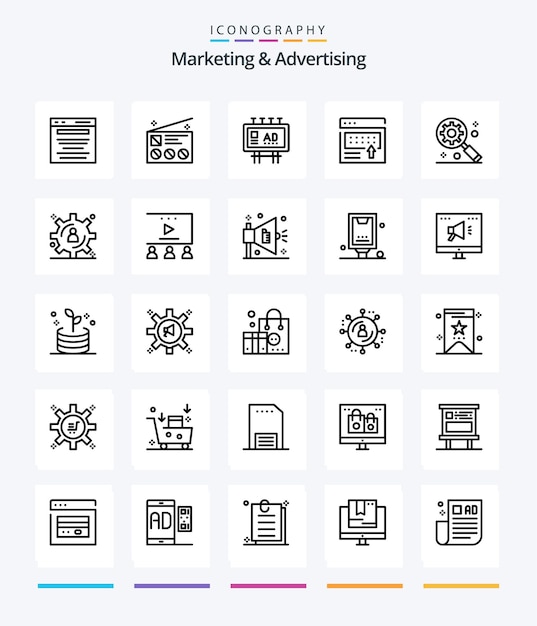 Free vector creative marketing and advertising 25 outline icon pack such as banner advertising news publicity marketing