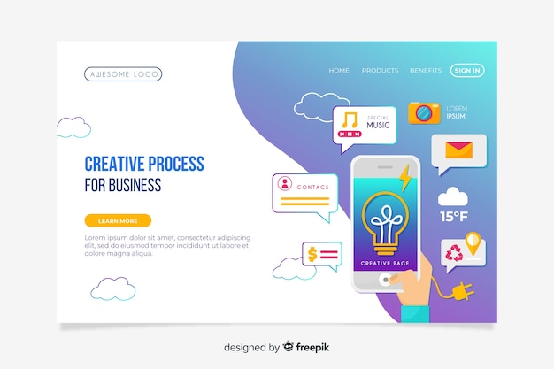 Free vector creative process landing page template