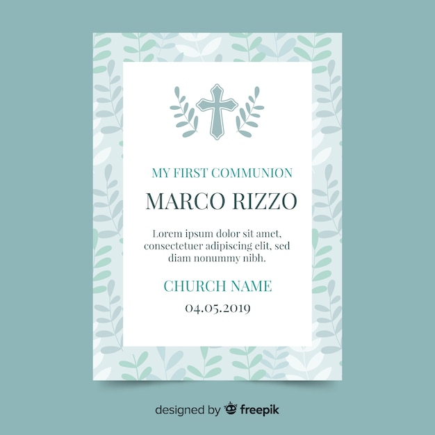 Cross with leaves first communion invitation