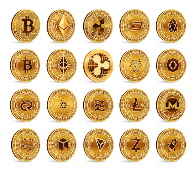 Cryptocurrency 3D golden coins set. Bitcoin, Ripple, Ethereum, Litecoin, Monero and other.