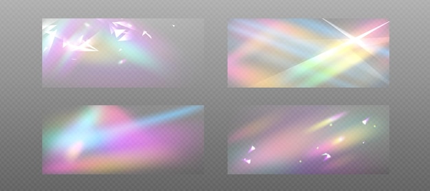 Free Vector crystal light rainbow hologram background with transparent overlay effect realistic vector illustration set of prism iridescent gradient textures diamond or glass sun spectrum refraction with sparks