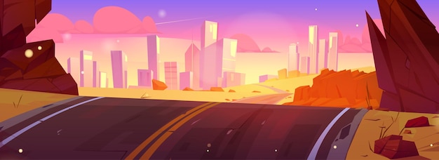 Curvy highway running through desert to modern city Vector cartoon illustration of cracked asphalt road perspective stones futuristic cityscape on horizon with skyscrapers sunset sky with clouds