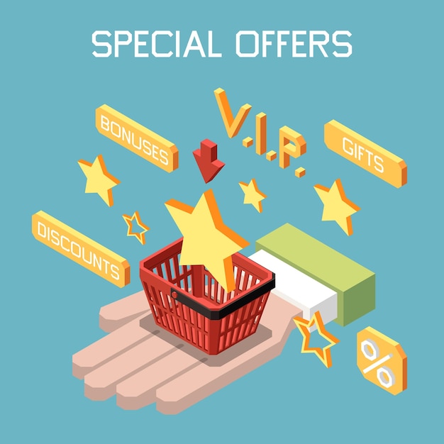 Free Vector customer loyalty bonus reward programs isometric colored  composition with special offer description vector illustration