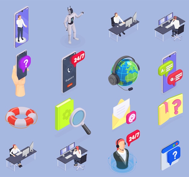 Free vector customer service isometric isolated icon set with operators online support chat bot vector illustration