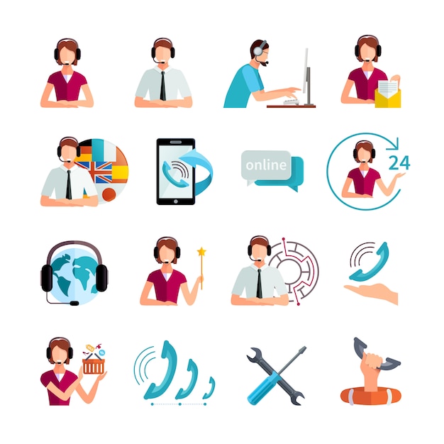 Customer support worldwide service flat elements set with helpdesk operator and technical assistance abstract isolated vector illustration