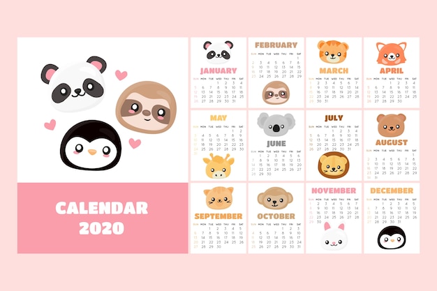 Free Vector cute 2020 calendar template