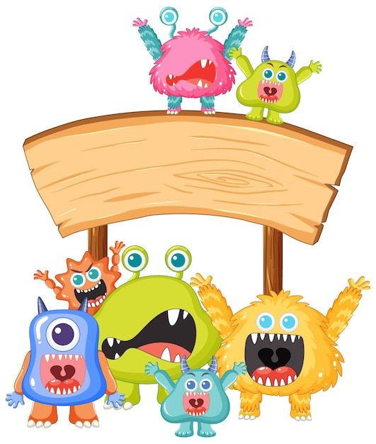 Free vector cute aliens monster standing under wooden board banner