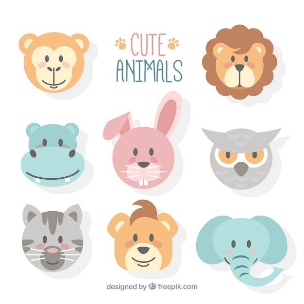 Free Vector cute animal faces with flat design