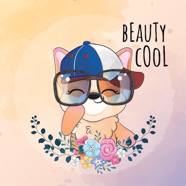 Free vector cute animal puppy with hat and glasses illustration - cute animal watercolor corgi character