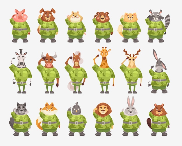 Free vector cute animal soldiers in camouflage cartoon illustration set. serious pig, dog, giraffe, beaver, bear, zebra, cat, lion in military uniform saluting officer. army, zoo, warrior concept