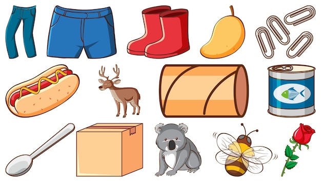 Free Vector cute animals and other items on white background