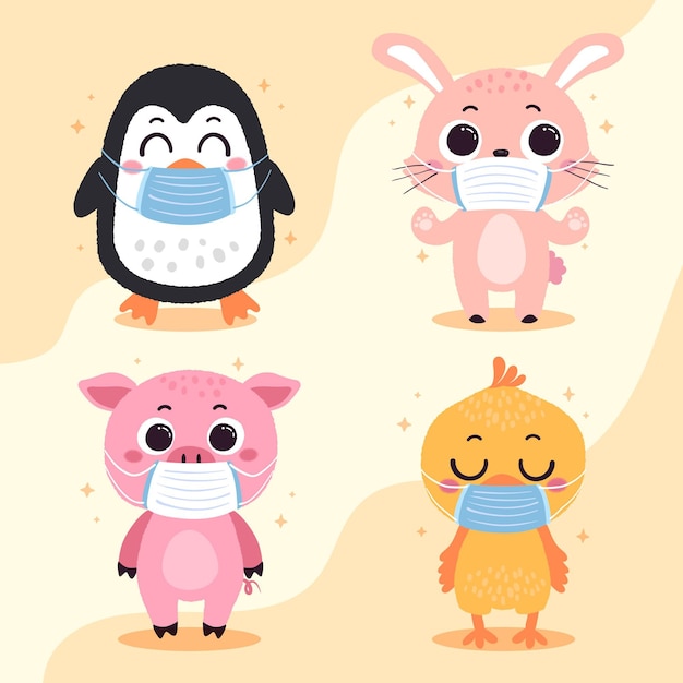 Free vector cute animals wearing face masks