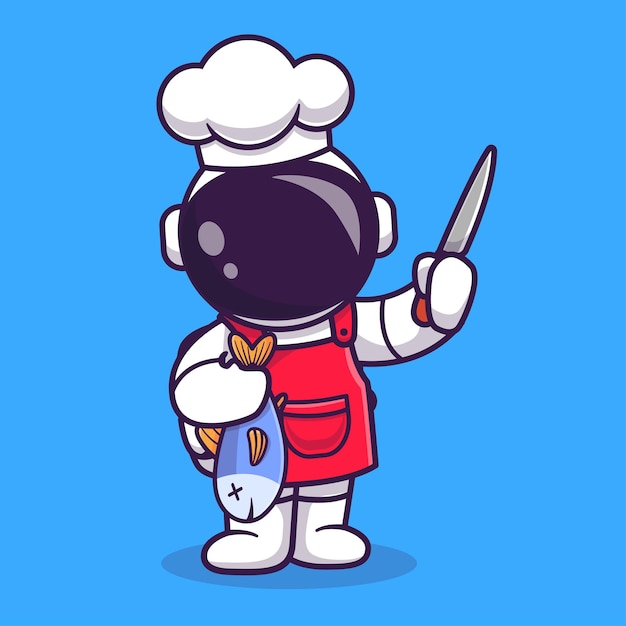 Vettore gratuito carino astronauta chef con pesce e coltello fumetto icona vettore illustrazione scienza cibo icona concetto isolato vettore premium. stile cartone animato piatto