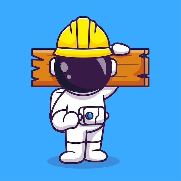 Free Vector cute astronaut handyman holding wood cartoon vector icon illustration. science building icon concept isolated premium vector. flat cartoon style